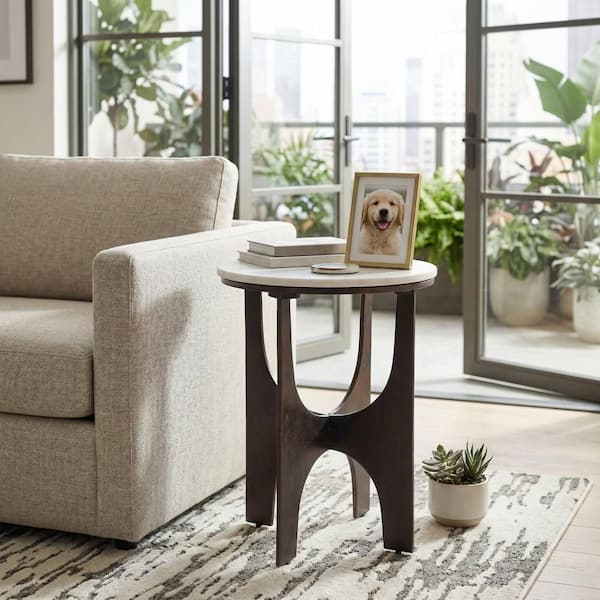 16 in. White/Bronze Round Marble Top End Table with Metal Base