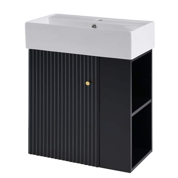 21.6 in. Floating Black Bath Vanity with White Ceramic Top, Right Side Storage