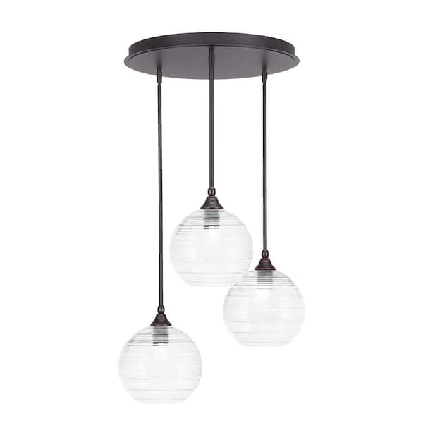 Unbranded Villa 3 Light Dark Granite Pendant, Cluster Pendant Light with 10 in. Clear Ribbed Glass Shades, No Bulbs Included