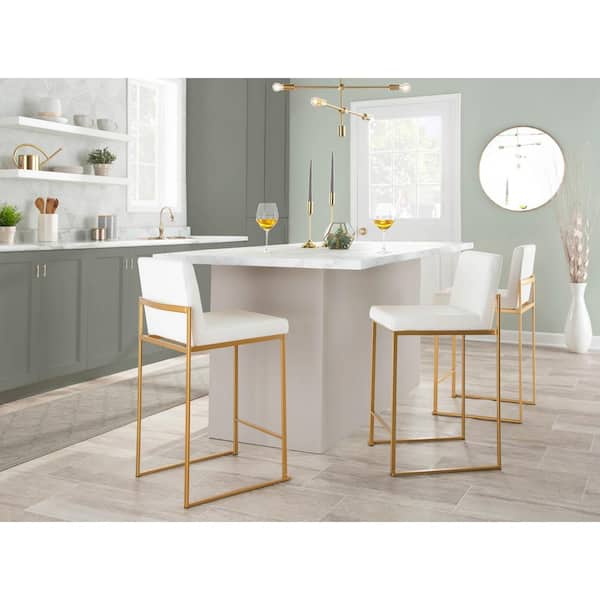 LumiSource Fuji High Back 26 in. White Faux Leather and Gold Metal Counter Stool (Set of 3)