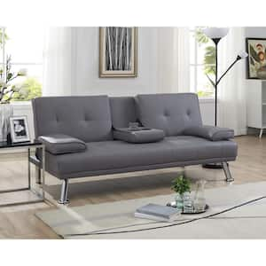 Gray, Futon Sofa Bed Faux Leather Futon Couch with Armrest and 2-Cupholders, Sofa Bed Couch Convertible with Metal Legs