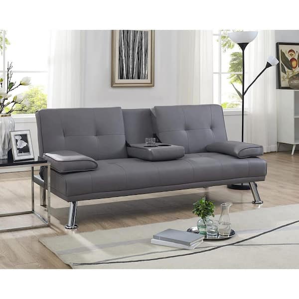 HOMESTOCK Gray, Futon Sofa Bed Faux Leather Futon Couch with Armrest and 2-Cupholders, Sofa Bed Couch Convertible with Metal Legs
