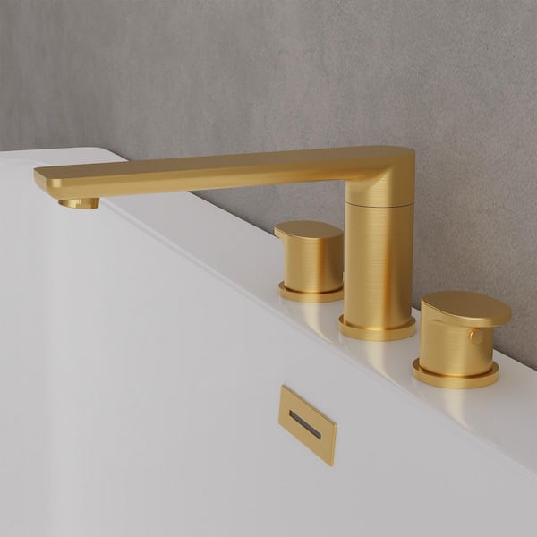 Double Handle Deck Mount Roman Tub Faucet with 360° Swivel Spout in Brushed Gold