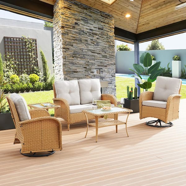 moosprr Flatarmrest 5-Piece Yellow Wicker Patio Conversation Set with Olefin Beige Cushion/Loveseat/Patio Swivel Glider Chairs