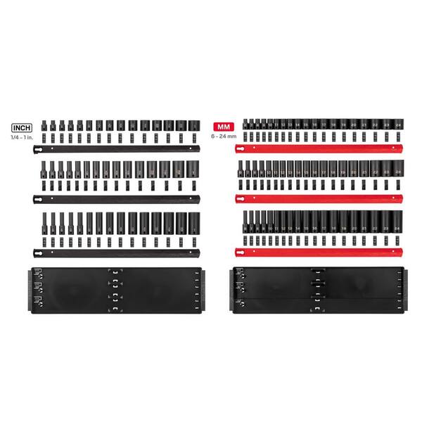 3/8 In. Dr. Shallow, Semi-Deep, and Deep 12pt Impact Socket Set with Rails and Trays, 102-Piece (1/4-1 in., 6-24 mm)