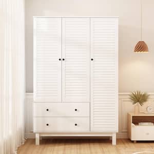 White 3 louvered Doors Armoires with Hanging Rod, 2-Drawers and Storage Shelves( 20.2 in. D x 48 in. W x 71 in. H)