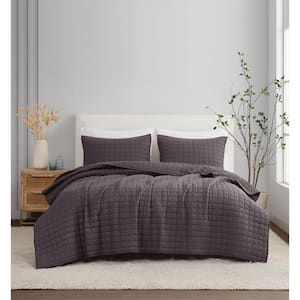 3-Piece Charcoal Solid 100% Linen Full/Queen Quilt Set