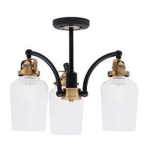 Decatur 16 in. 3 Light Black and Brass Semi-Flush with 5 in. Clear Textured Glass Shade No Bulbs Included