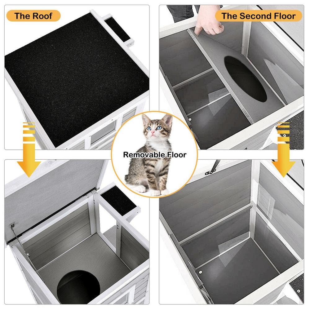 Gray and White 2-Story Wooden Outdoor Cat House with Escape Door