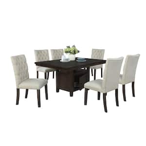 Ricky 7-Piece Rectangular Rustic Dark Oak Wood Top Dining Table Set With 6 Beige Linen Fabric Chairs