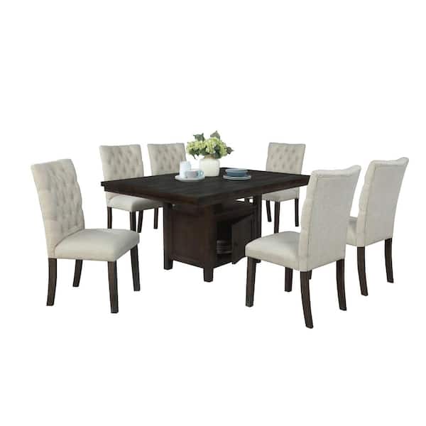 Best Quality Furniture Ricky 7-Piece Rectangular Rustic Dark Oak Wood Top Dining Table Set With 6 Beige Linen Fabric Chairs