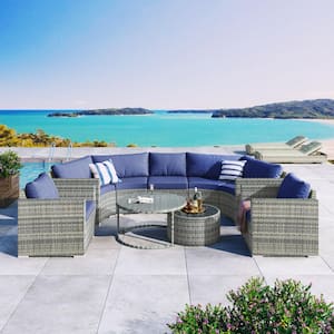 9-Pieces Gray Wicker Outdoor Half-moon Sectional Set with Blue Cushions and Round Table