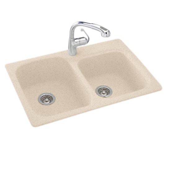 Swan Drop-In/Undermount Solid Surface 33 in. 1-Hole 55/45 Double Bowl Kitchen Sink in Bermuda Sand