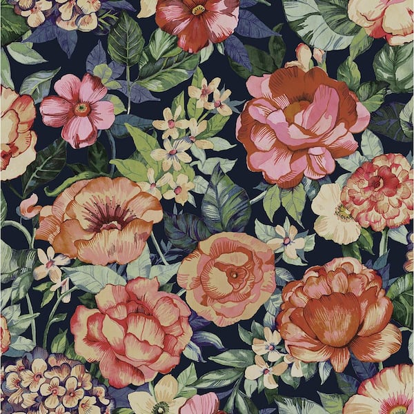 NextWall 30.75 sq. ft. Coral Rose  and  Dark Blue Watercolor Floral Garden Vinyl Peel and Stick Wallpaper Roll
