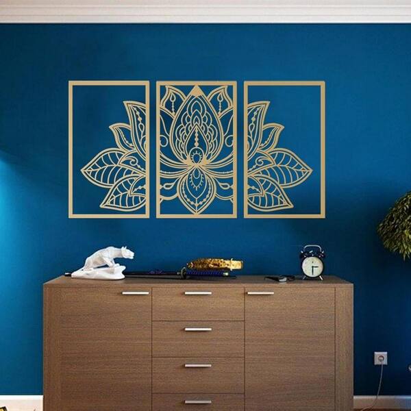 3-Pieces 17 in. x 10 in. Gold Metal Lotus Flower with Wall