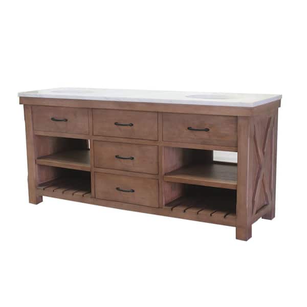Unbranded Deluxe 72 in. W x 22 in. D x 34 in. H Double Sink Freestanding Bath Vanity in Natural Wood with White Marble Top