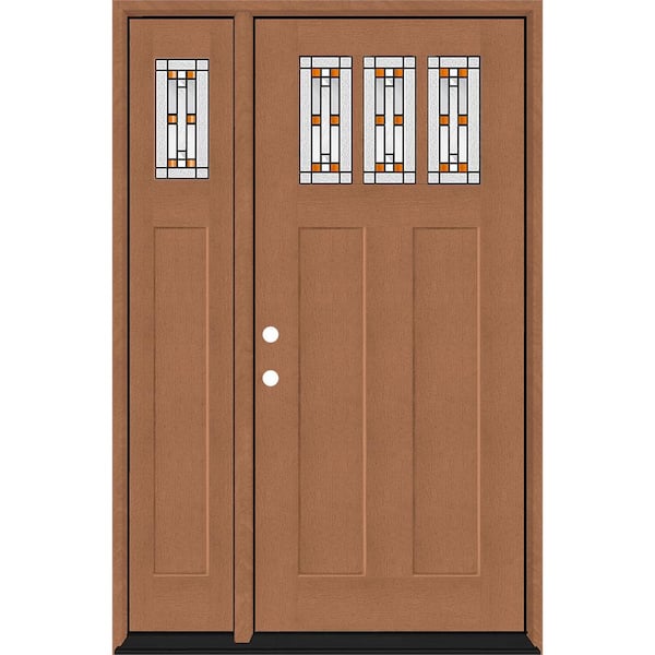 Regency 53 in. x 80 in. 3Lite Amberton Deco Glass RHIS AutumnWh Stain Fir Grain Fiberglass Prehung Front Door w/14in.SL