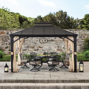 Lanier 12.5 ft. x 10.5 ft. Black Steel Gazebo with 2-Tier Hip Roof Hardtop with Mosquito Netting