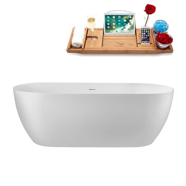 Streamline 67 in. x 30 in. Acrylic Freestanding Soaking Bathtub in Glossy White with Matte Oil Rubbed Bronze Drain, Bamboo Tray