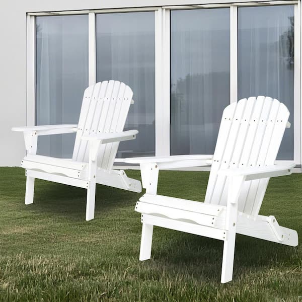 Unbranded Classic White Solid Wood Embossed Outdoor Patio Folding Adirondack Chair with Wood Grain, Half Assembled (Set of 2)