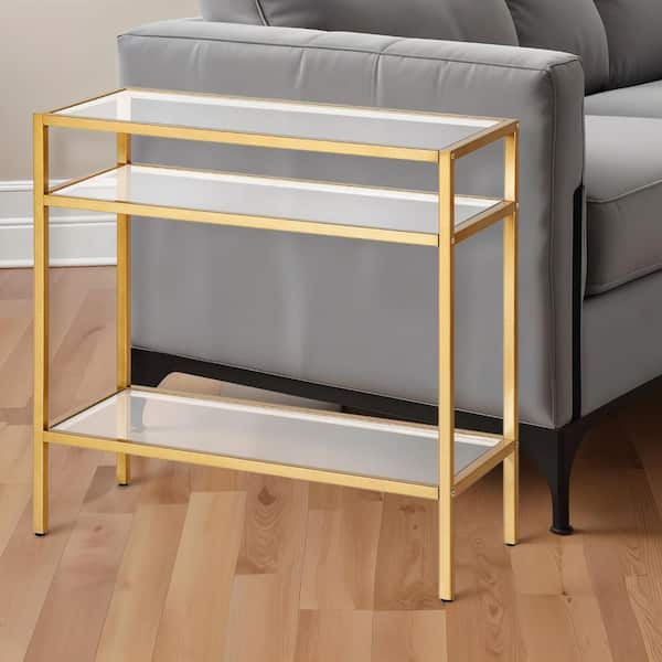HomeRoots 24 in. Brass Rectangle Glass End Table