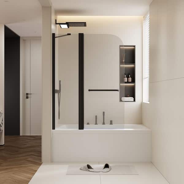 43 in. W x 58 in. H Pivot Tub Door in Matte Black with Clear Glass