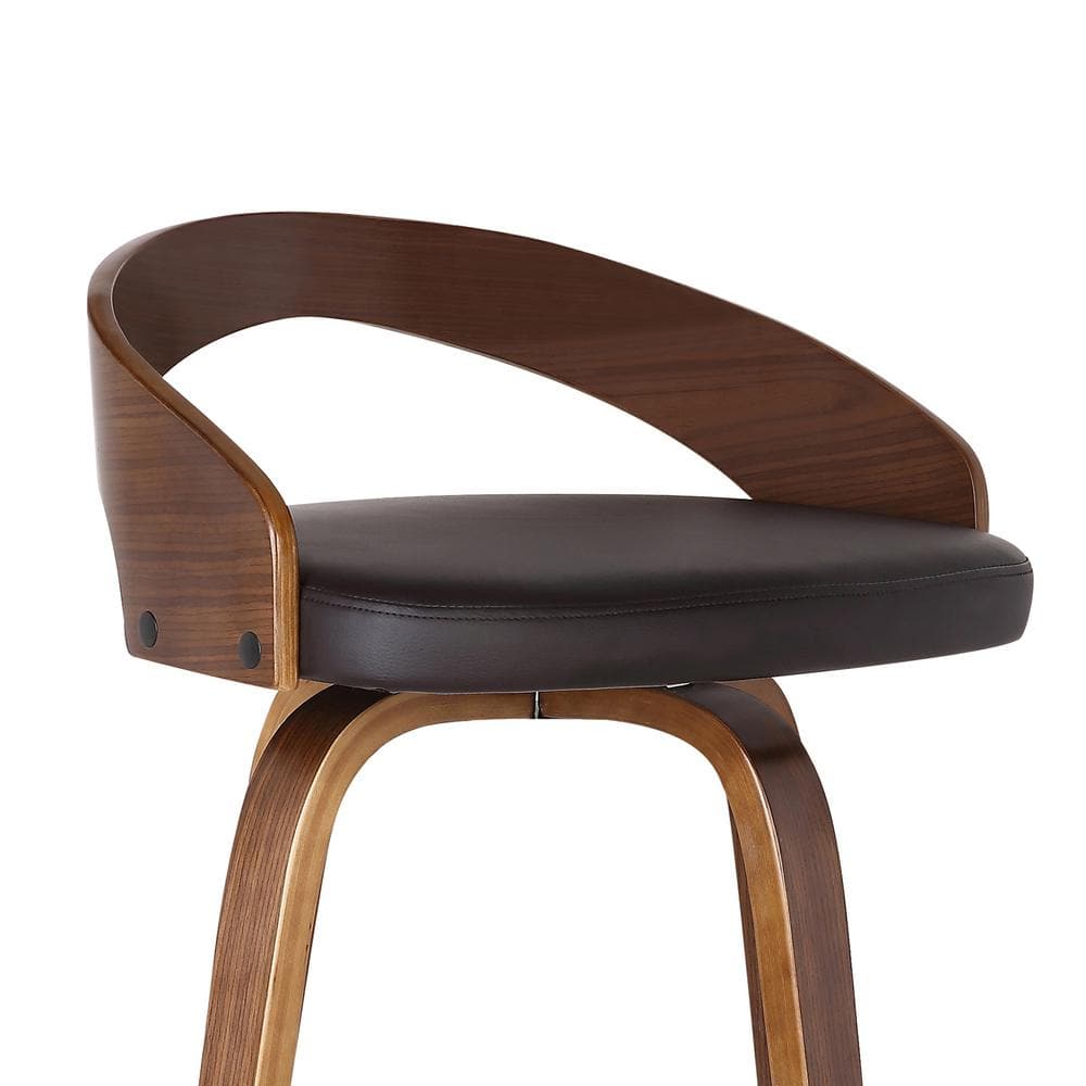 Walnut Wood Finish Swivel Counter Stool with Brown Faux Leather