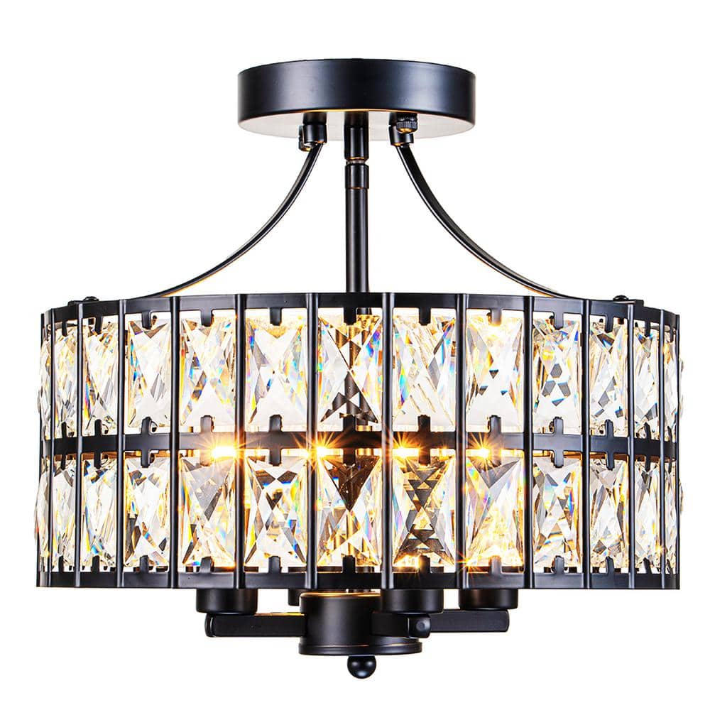Modern 12.6 in. 4-Light Round Black Drum Semi Flush Mount Ceiling Light with Clear Crystal Glass With No Bulbs Included price history on PriceWatchPro