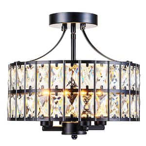 Modern 12.6 in. 4-Light Round Black Drum Semi Flush Mount Ceiling Light with Clear Crystal Glass With No Bulbs Included