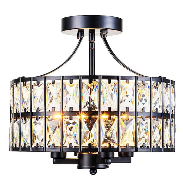 Sefinn Four Modern 12.6 in. 4-Light Round Black Drum Semi Flush Mount Ceiling Light with Clear Crystal Glass With No Bulbs Included