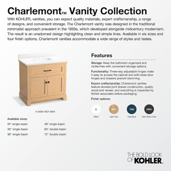 KOHLER Charlemont 49.02in. Single Sink Freestanding Ferrous Grey Bath Vanity with White Quartz Top Assembled