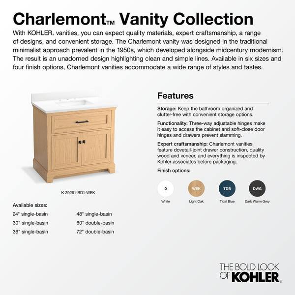 KOHLER Charlemont 60.75in. Double Sink Freestanding Light Oak Bath Vanity with White Quartz Top Assembled