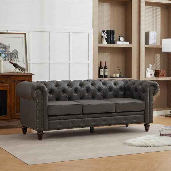 JEAREY 84" Leather Chesterfield Sofas 3-Seater Round Arm Sofa Button Rectangle Nailhead Tufted Couch for Living Room,Dark Gray