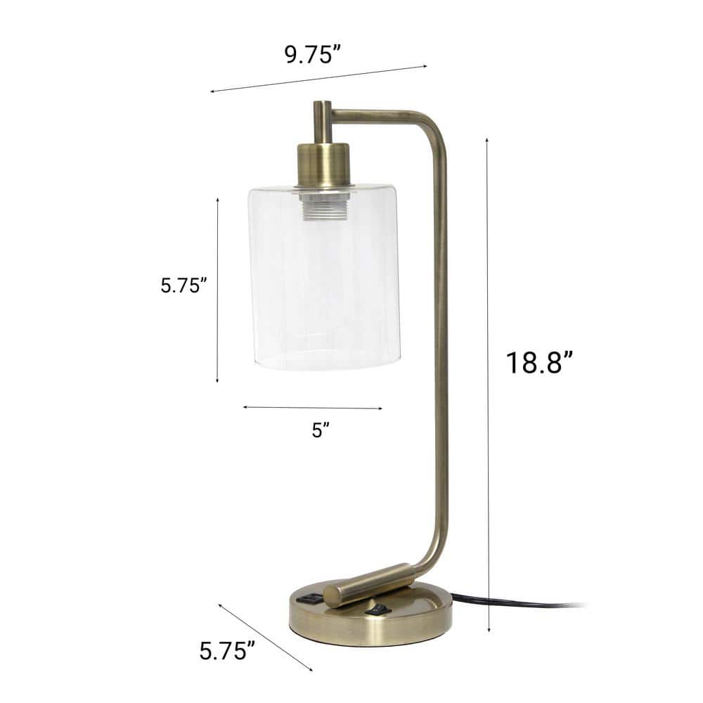 Antique Brass Curved Arm Desk Lamp with Clear Glass Shade