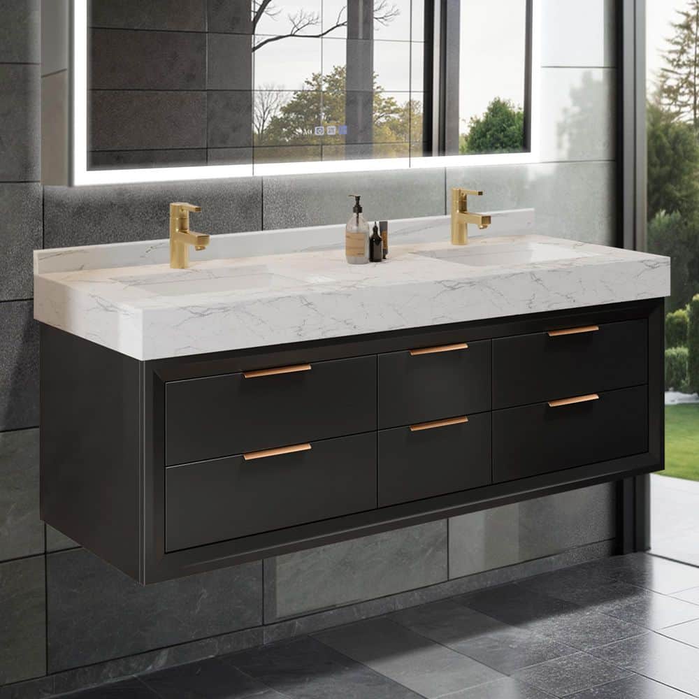 60 in.W X 21 in.D X 21.3 in.H Floating Bathroom Vanity in Black Solid Oak/White Marble Countertop and Lights price history on PriceWatchPro