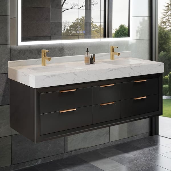 Lonni 60 in.W X 21 in.D X 21.3 in.H Floating Bathroom Vanity in Black Solid Oak/White Marble Countertop and Lights