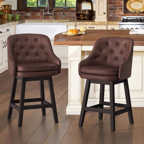 26 in. Dark Reddish Brown Faux Leather Swivel Barstool Solid Wood Frame Double Cushion Counter Height Bar Stool Set of 2