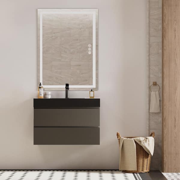 NOBLE 24 in. W x 18 in. D x 25 in. H Single Sink Floating Bath Vanity in Gray with Black Solid Surface Integral Top