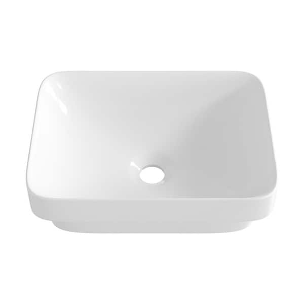 16 in. L x 12 in. W Rectangular Bathroom White Ceramic Semi-Recessed Vessel Sink Art Basin without Overflow