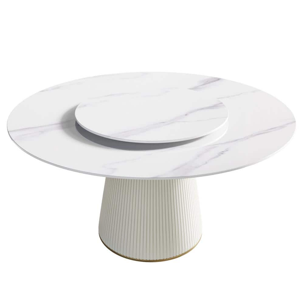 59.05 in. White Circular Rotable Sintered Stone Tabletop with Lazy Susan Pedestal Base Kitchen Dining Table (Seats-8) -  Magic Home, MH-A-RD150WW-5W