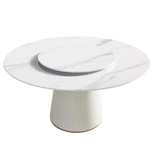 59.05 in. White Circular Rotable Sintered Stone Tabletop with Lazy Susan Pedestal Base Kitchen Dining Table (Seats-8)