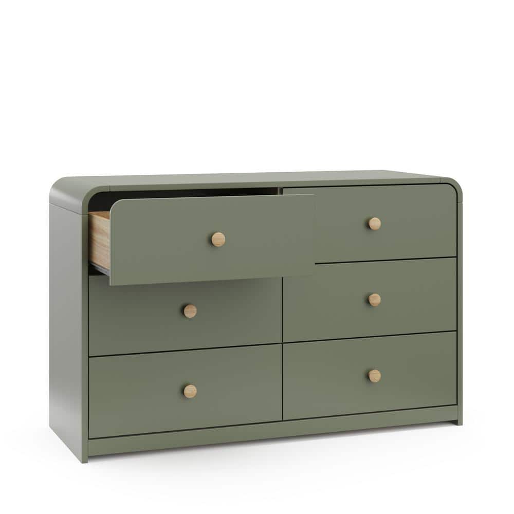 Olive Green 6-Drawer Nursery Dresser with Natural Rubberwood Knobs