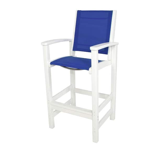 POLYWOOD Coastal White All-Weather Plastic Outdoor Bar Chair in Royal Blue Sling