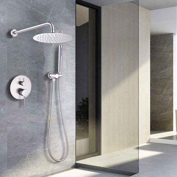 Single Handle 1-Spray Round Shower Faucet 2.5 Gpm Wall Bar Shower Kit with Adjustable Stream in Nickel (Valve Included)