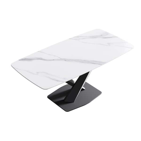 J&E Home 70.87 in. Rectangle White and Black Sintered Stone Tabletop Dining Table with Carbon Steel Base (Seats 8)