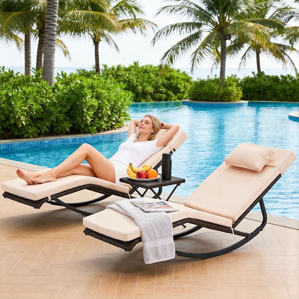 ZZW Brown Wicker Outdoor Rocking Chair Reclining Lounge Chaise