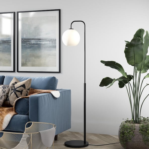 Harrison 62 in. Blackened Bronze Arc Floor Lamp with Glass Shade