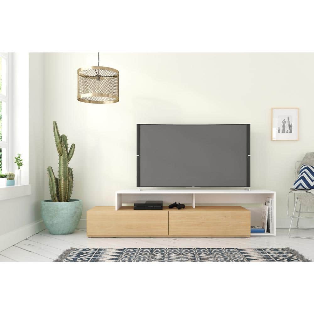 Tonik 72-Inch Modern Scandinavian White and Natural Maple TV Stand