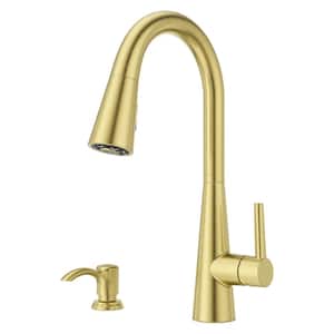 Barullli Single Handle Pull Down Sprayer Kitchen Faucet with Deckplate Included and Soap Dispenser in Brushed Gold