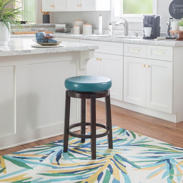 Maya Swivel 25.39 in. Teal/Brown Backless Wood Counter Stool with Faux Leather Seat